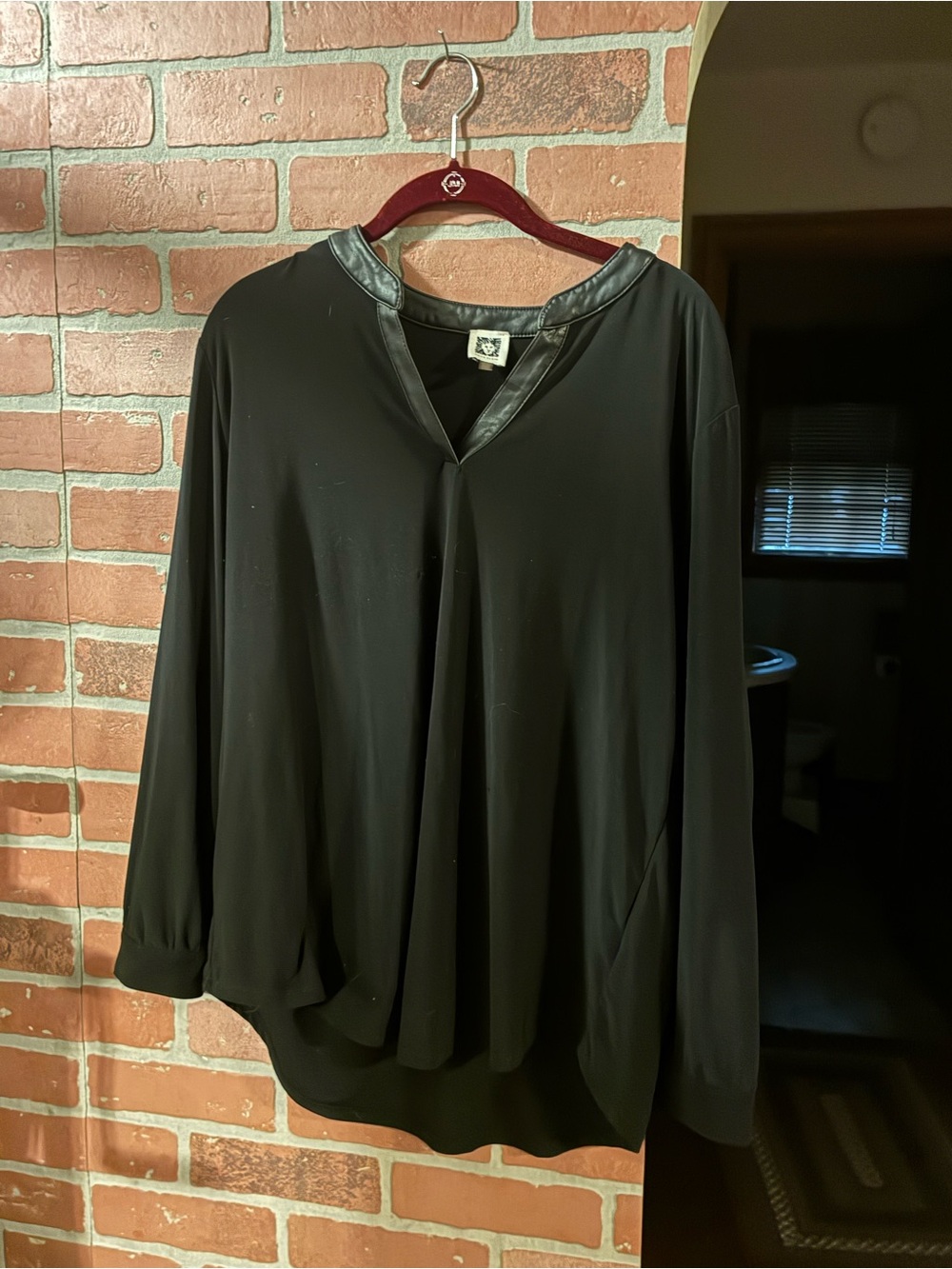 Anne Klein Black Long Sleeve V-Neck Top with Faux Leather Trim